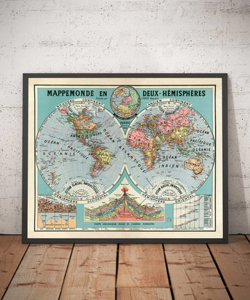 Alte französische Doppel-Hemisphäre-Weltkarte von 1925 von Joseph Forest - Vulkane, Berge, Ozeanboden 