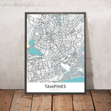 Mapa moderno de la ciudad de Tampines, Singapur: Our Tampines Hub, Tampines Mall, Eco Green, Biblioteca Regional, Central Park