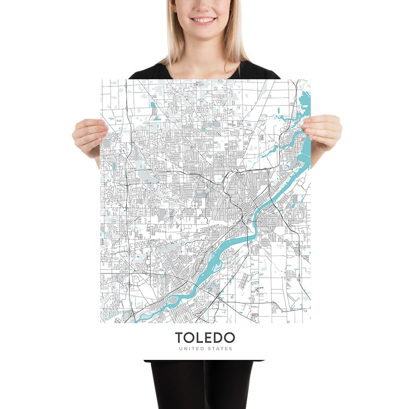 Plan de la ville moderne de Toledo, OH : centre-ville, musée d'art de Toledo, I-75, I-80/90, Université de Toledo