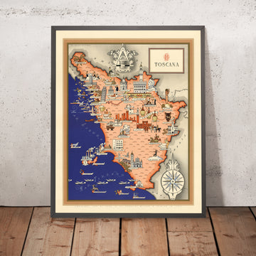 Ancienne carte picturale de la Toscane par De Agostini, 1938 : Pise, Florence, Sienne, Archipel toscan, Forêts casentines 