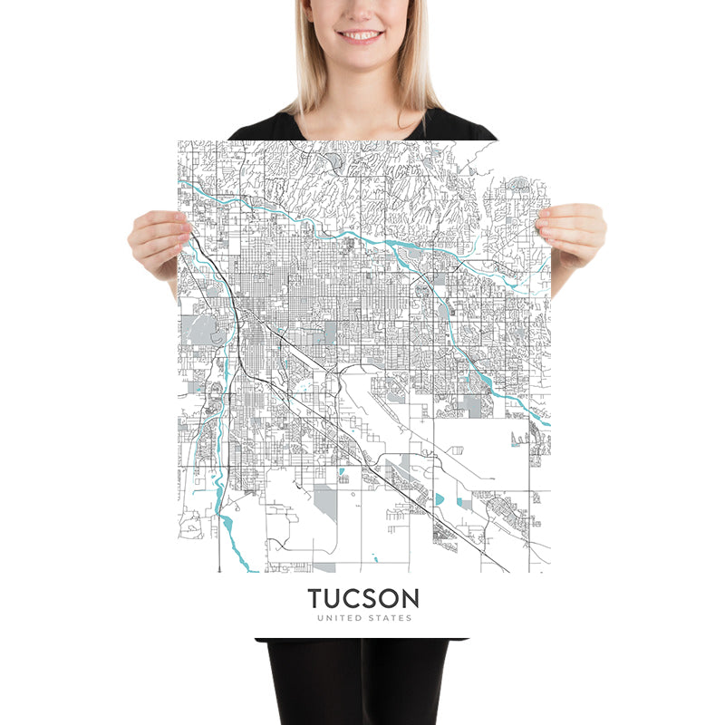 Moderner Stadtplan von Tucson, AZ: Universität von Arizona, Pima Air & Space Museum, Saguaro NP, Sabino Canyon, Mount Lemmon