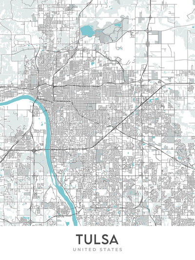 Plan de la ville moderne de Tulsa, OK : centre-ville, zoo de Tulsa, I-44, jardin botanique de Tulsa, centre BOK