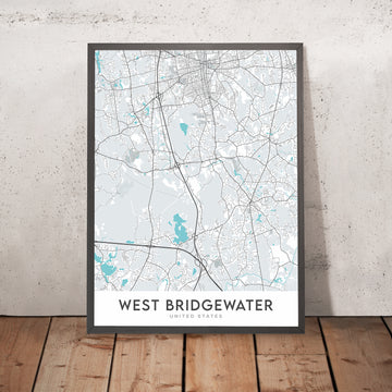 Mappa della città moderna di West Bridgewater, MA: Università statale, Ponte di Bridgewater, Società storica, Vecchio municipio, Chiesa congregazionale 