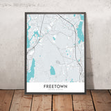 Mapa moderno de la ciudad de Freetown, MA: río Assonet, bosque estatal de Freetown, lago Assawompset, US-44, MA-140