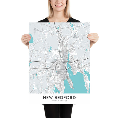 Moderner Stadtplan von New Bedford, MA: Innenstadt, North End, West End, South End, East End