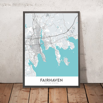 Moderne Stadtkarte von Fairhaven, MA: Fort Phoenix, Rathaus, Millicent-Bibliothek, Unitarische Gedenkkirche, Fairhaven High School 