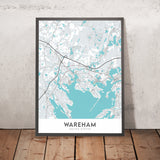 Mappa della città moderna di Wareham, MA: fiume Agawam, baia di Buttermilk, Great Neck, Little Neck, Long Beach 
