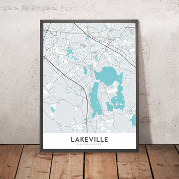 Mappa della città moderna di Lakeville, MA: Centro di Lakeville, Lago Assawompset, Route 18, I-195, Autostrada del Massachusetts 