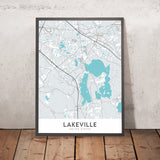 Plan de la ville moderne de Lakeville, MA : centre-ville de Lakeville, lac Assawompset, route 18, I-195, Massachusetts Turnpike