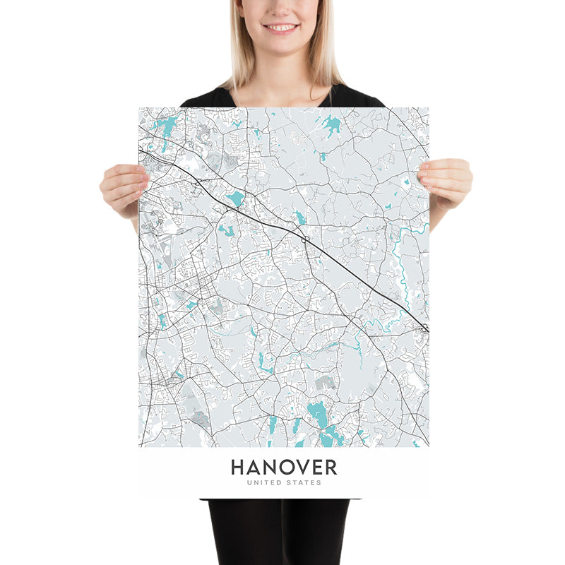 Moderner Stadtplan von Hanover, MA: Hanover Center, Silver Lake, Route 3, Hanover Mall, Hanover Theater
