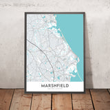 Mapa moderno de la ciudad de Marshfield, MA: Brant Rock Beach, Daniel Webster Estate, Green Harbor Beach, Rexhame Beach, South River