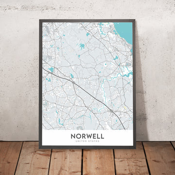 Plan de la ville moderne de Norwell, MA : Norwell Center, North River, South River, Indian Head River, Jacobs Pond