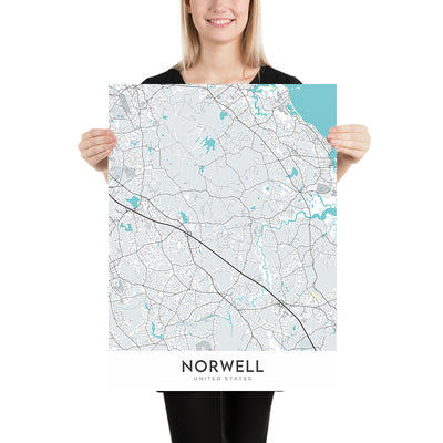 Plan de la ville moderne de Norwell, MA : Norwell Center, North River, South River, Indian Head River, Jacobs Pond