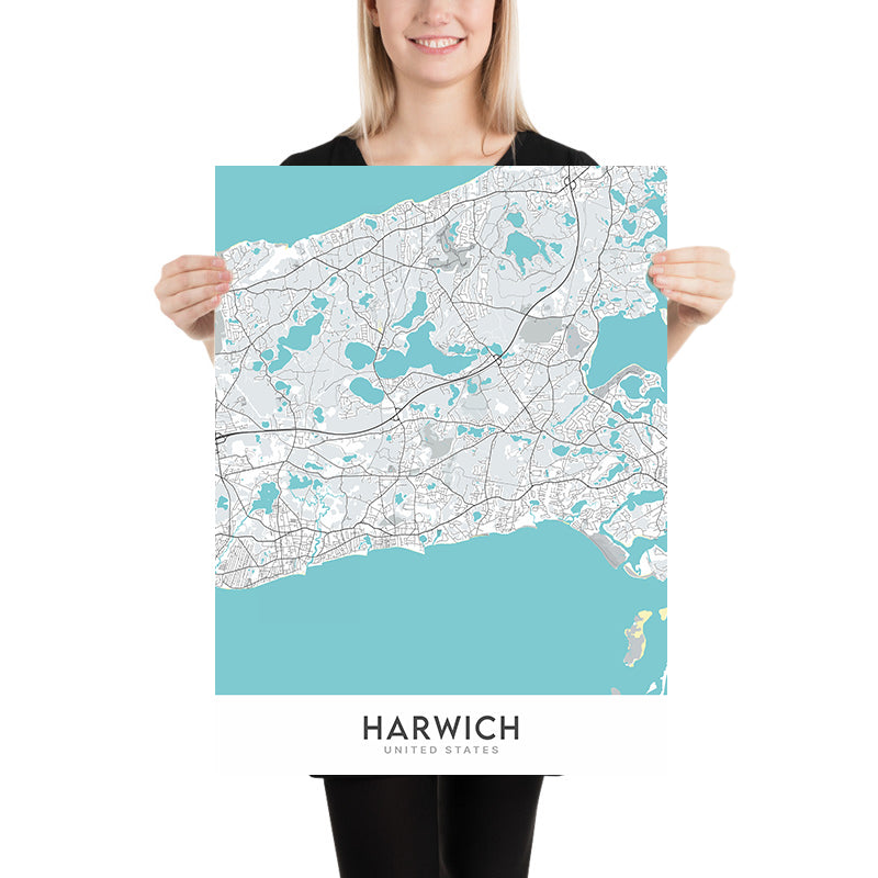 Mapa moderno de la ciudad de Harwich, Massachusetts: Red River Beach, Saquatucket Harbor, Wychmere Harbor, Allen Harbor, Herring River