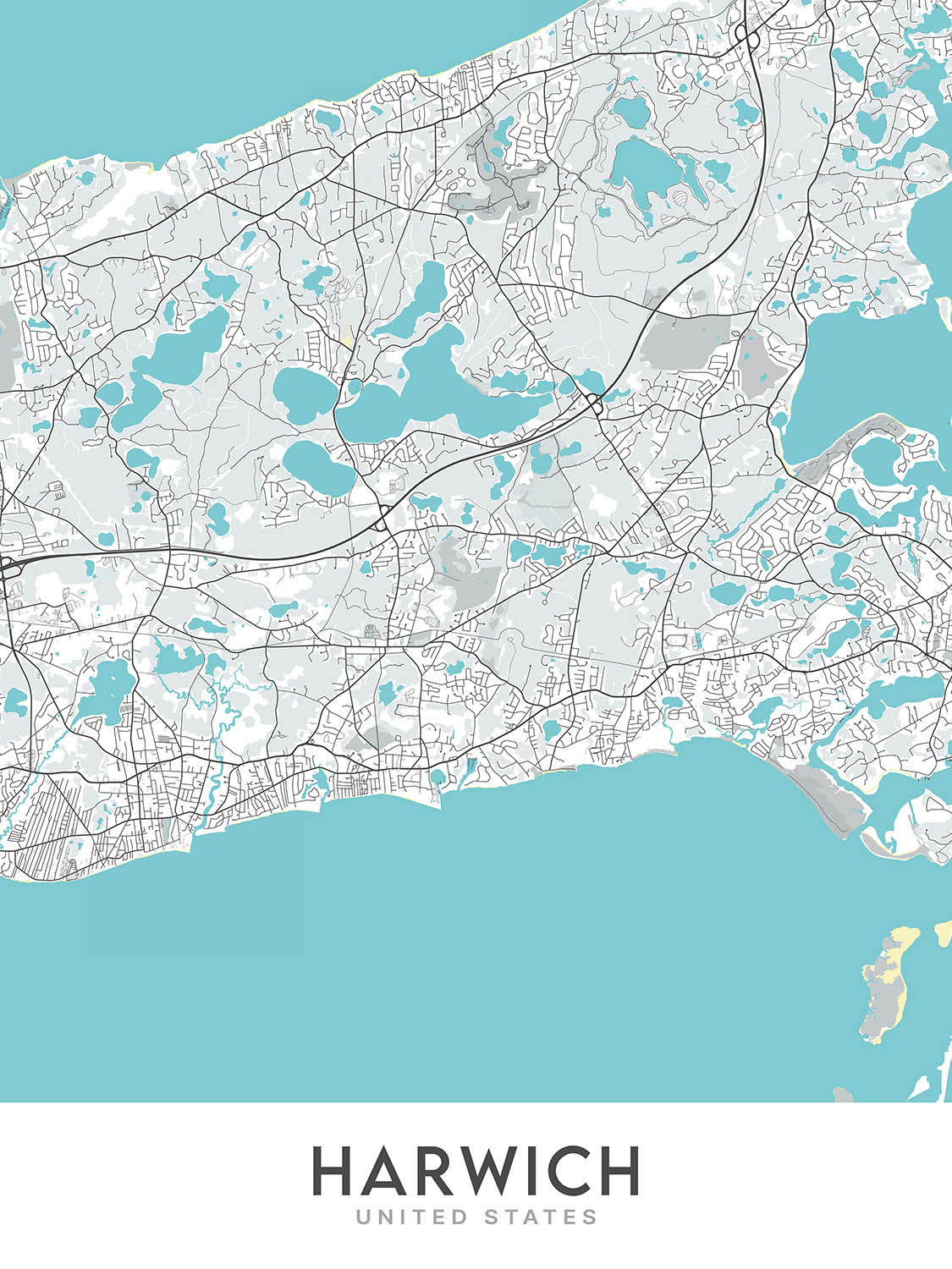 Mapa moderno de la ciudad de Harwich, Massachusetts: Red River Beach, Saquatucket Harbor, Wychmere Harbor, Allen Harbor, Herring River