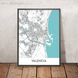 Moderne Stadtkarte von Valencia, Spanien: Ciutat Vella, El Carmen, Ruzafa, Stadt der Künste und Wissenschaften, Turia-Gärten 