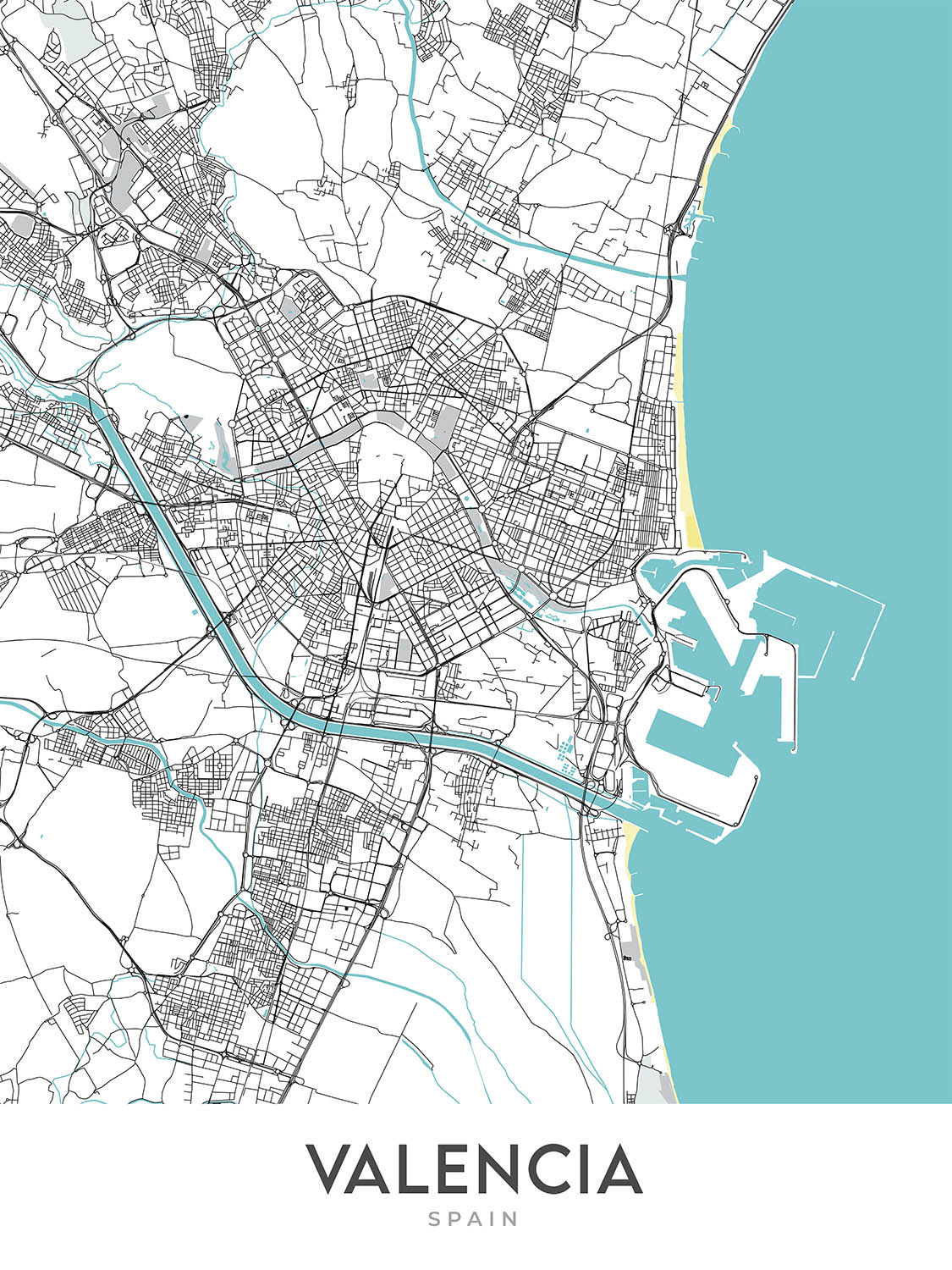 Mapa moderno de la ciudad de Valencia, España: Ciutat Vella, El Carmen, Ruzafa, Ciudad de las Artes y las Ciencias, Jardines del Turia