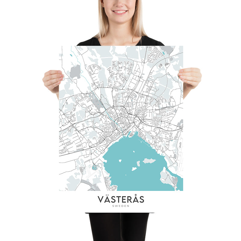 Plan de la ville moderne de Västerås, Suède : château, cathédrale, salle de concert, université, zoo