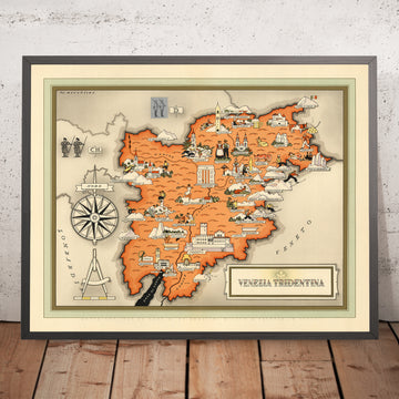 Vecchia Mappa Pittorica del Trentino-Alto Adige di De Agostini, 1938: Trento, Bolzano, Bressanone, Merano, Rovereto 
