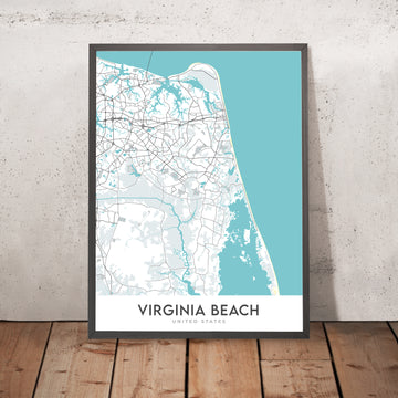 Mapa de la ciudad moderna de Virginia Beach, VA: Acuario, Faro de Cape Henry, Paseo de la playa, Pembroke Manor, Playa de Chic 