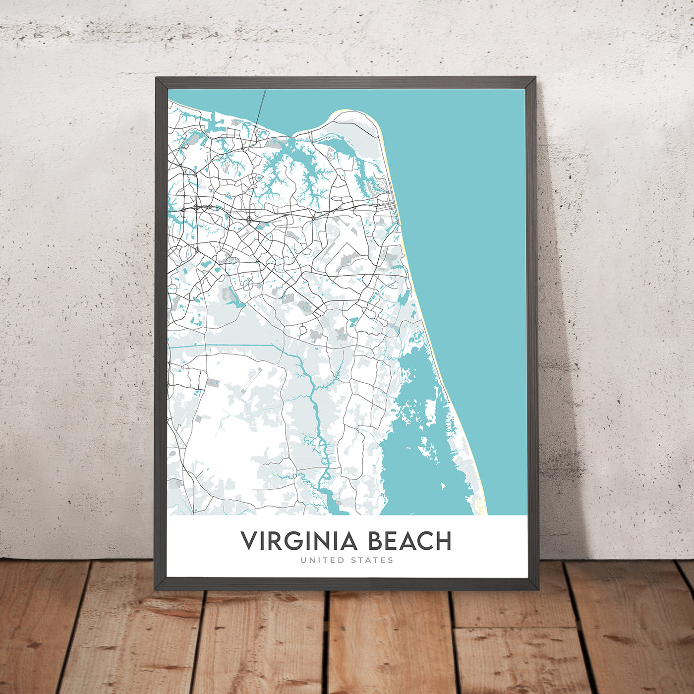 Moderner Stadtplan von Virginia Beach, VA: Virginia Aquarium, Cape Henry Lighthouse, Virginia Beach Boardwalk, Pembroke Manor, Chic's Beach