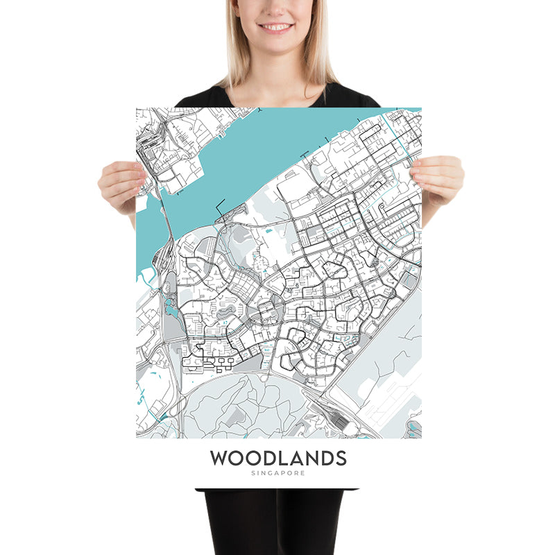 Plan de la ville moderne de Woodlands, Singapour : Republic Polytechnic, Woodlands Waterfront Park, Admiralty Park, Woodlands Health Campus, Singapore Sports School
