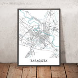 Mapa moderno de la ciudad de Zaragoza, España: basílica, catedral, palacio, río, universidad