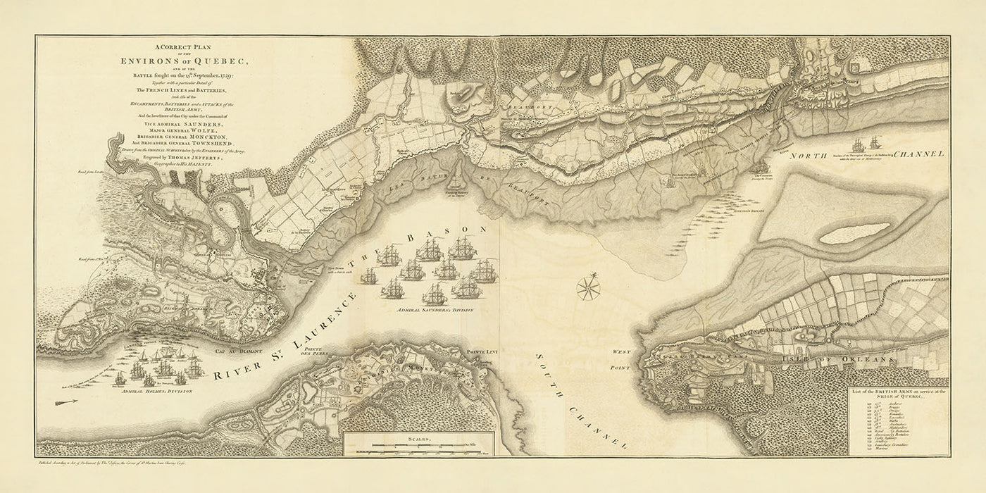 Old Battle of Quebec Map by Jefferys, 1759: Plains of Abraham, River St. Lawrence, French and British Troops, Artillery, Naval Divisions