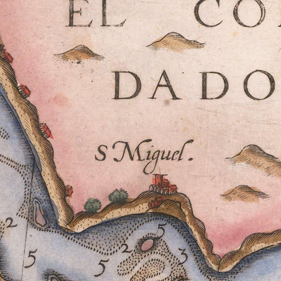 Ancienne carte de l'Algarve par Waghenaer, 1588 : Faro, Lagos, Portimão, Cap de Saint-Vincent, cartouche décoratif