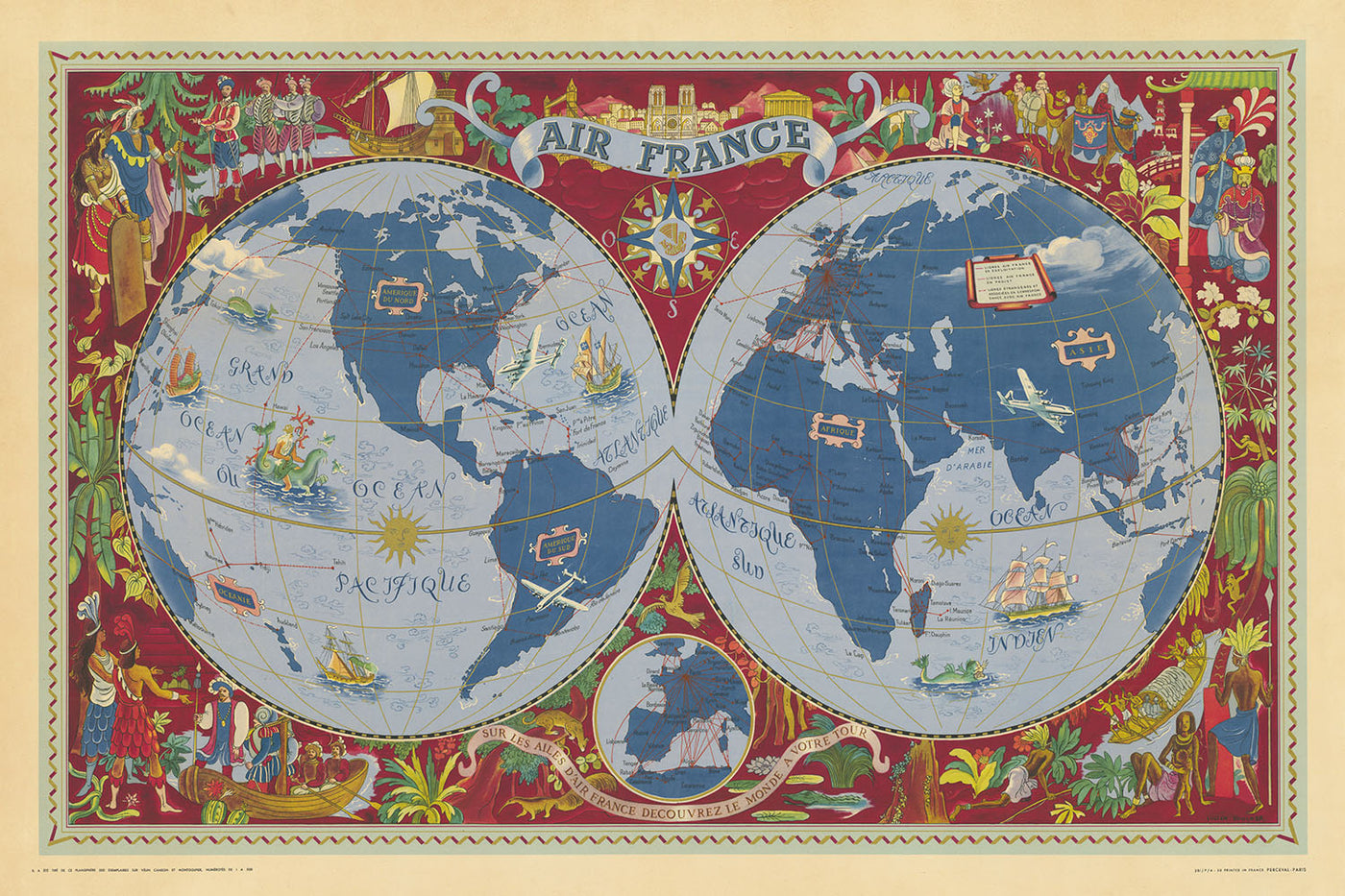 Mapa del viejo mundo Mapa mundial de Air France de Boucher, 1950: decorativo, rutas aéreas, estilo surrealista