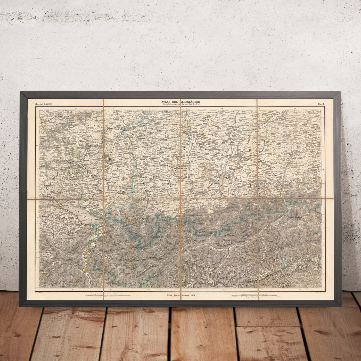 Old Map of Northeast Alps by Mayr, 1874: Zurich, Munich, Innsbruck, Lake Constance