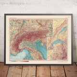 Mapa antiguo de los Alpes, 1967: Suiza occidental, picos alpinos, valles, Ginebra, Zúrich, Dijon 