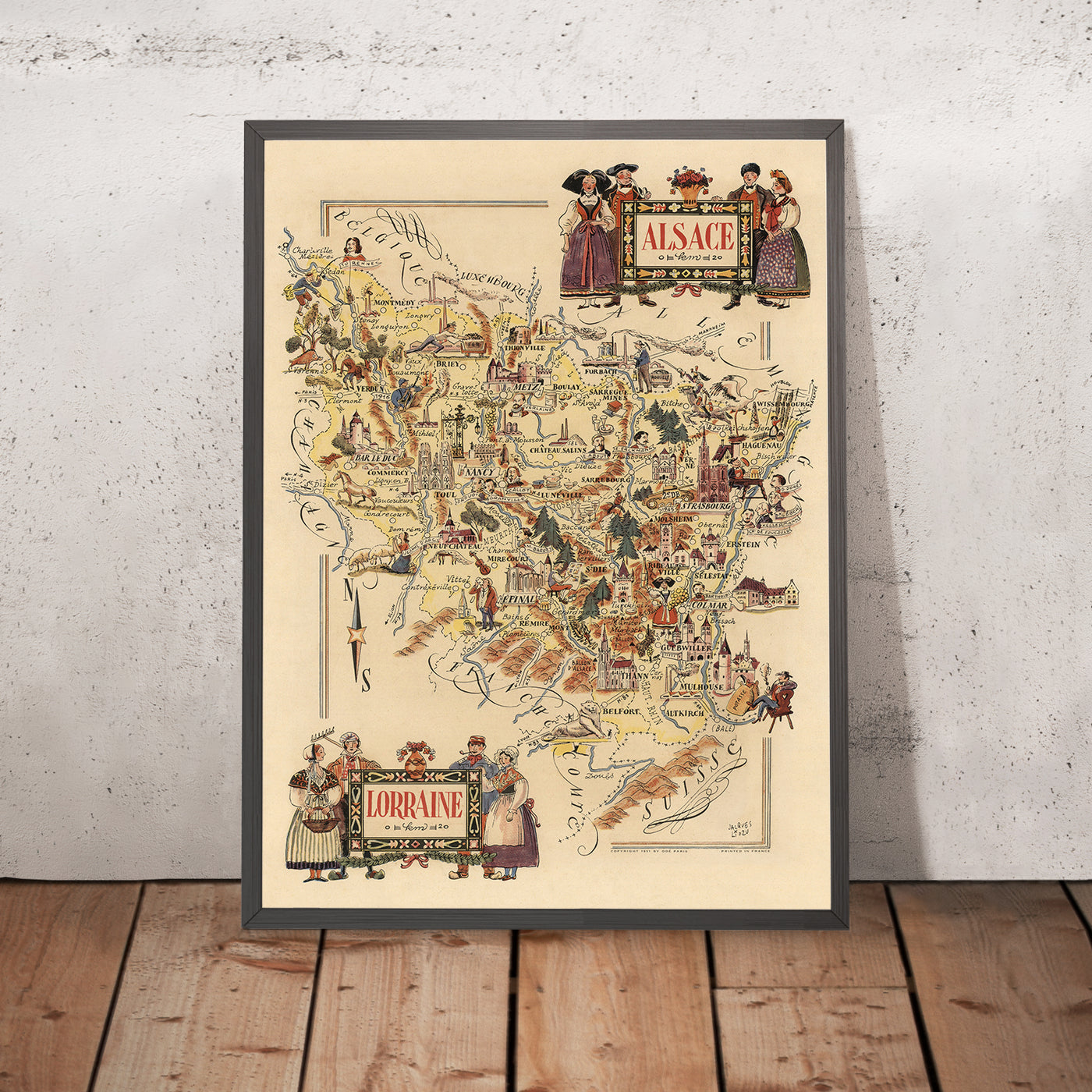 Old Pictorial Map of Alsace–Lorraine by Liozu, 1951: Strasbourg, Metz, Vosges, Verdun, Maginot Line