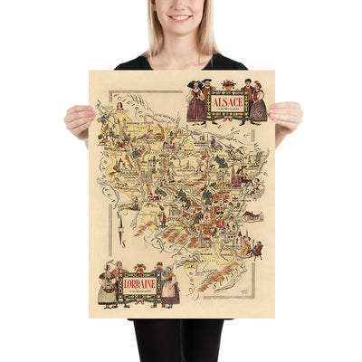 Old Pictorial Map of Alsace–Lorraine by Liozu, 1951: Strasbourg, Metz, Vosges, Verdun, Maginot Line