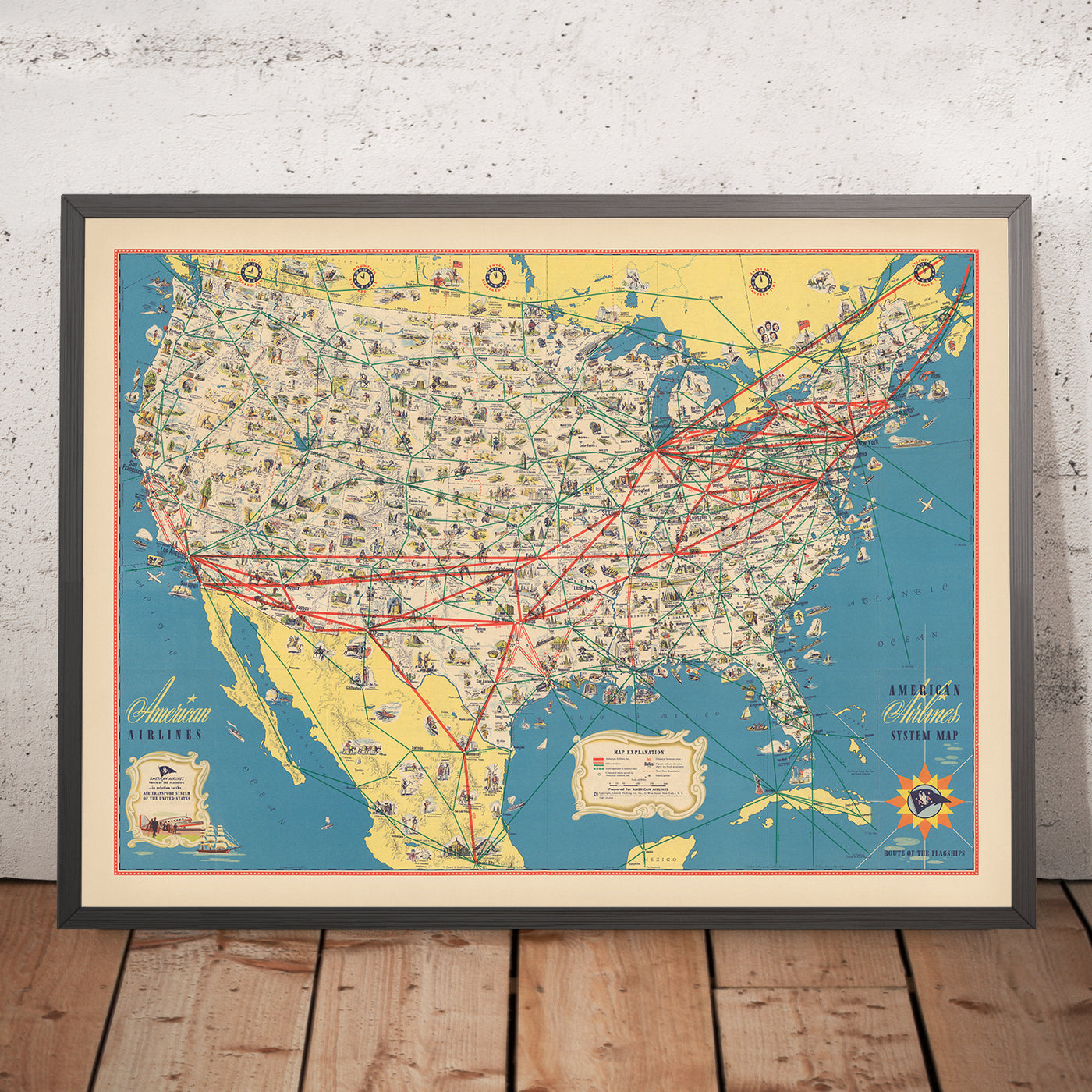 Mapa ilustrado antiguo de Estados Unidos de American Airlines, 1947: Nueva York, Los Ángeles, Chicago, Estatua de la Libertad, rutas