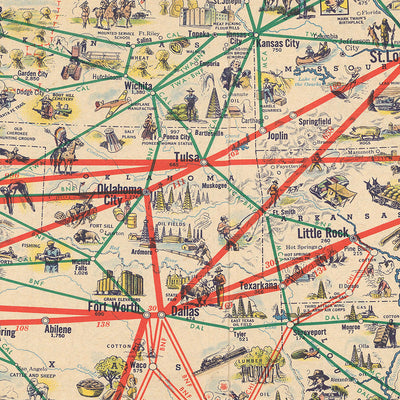 Mapa ilustrado antiguo de Estados Unidos de American Airlines, 1947: Nueva York, Los Ángeles, Chicago, Estatua de la Libertad, rutas