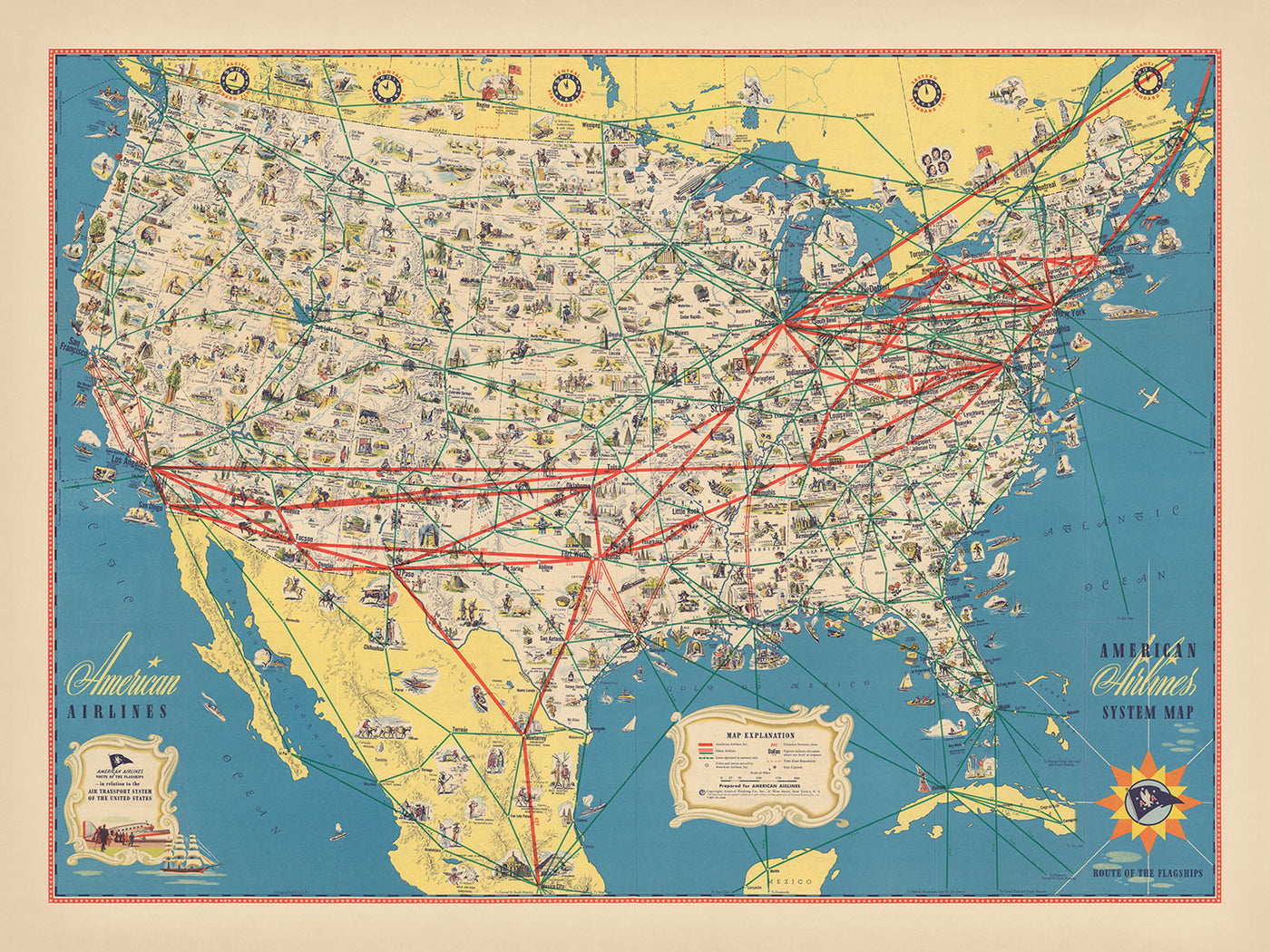 Mapa ilustrado antiguo de Estados Unidos de American Airlines, 1947: Nueva York, Los Ángeles, Chicago, Estatua de la Libertad, rutas