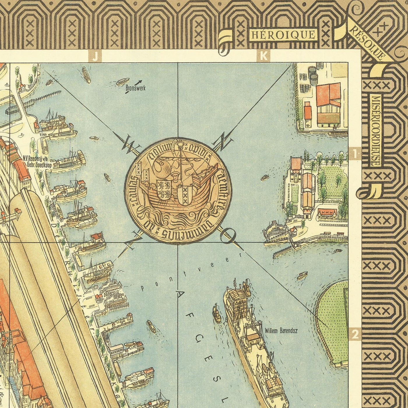 Mapa antiguo de Ámsterdam a vista de pájaro, realizado por Bollmann en 1971: Estación central, Jordaan, Vondelpark, canales, iglesias