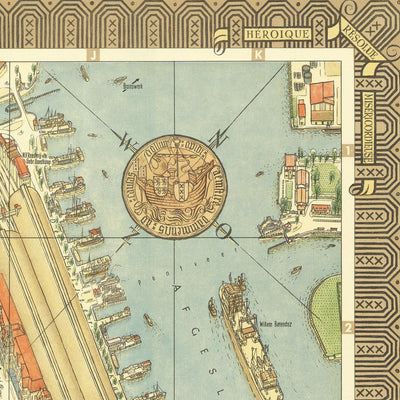 Mapa antiguo de Ámsterdam a vista de pájaro, realizado por Bollmann en 1971: Estación central, Jordaan, Vondelpark, canales, iglesias