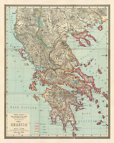 Ancienne carte de la Grèce antique par Van Kampen en 1889 - Athènes, Corfou, Zakynthos, Megara, Sparte