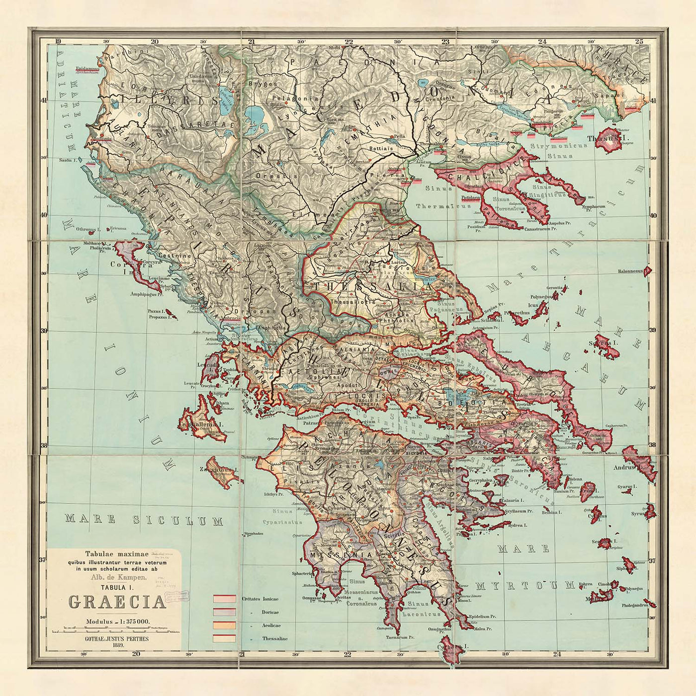 Old Map of Ancient Greece by Van Kampen in 1889 - Athens, Corfu, Zakynthos, Megara, Sparti