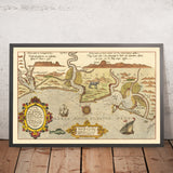 Ancienne carte navale de Cadix par Waghenaer, 1583 : détroit de Gibraltar, Cadix, Lisbonne, monstres marins, voiliers