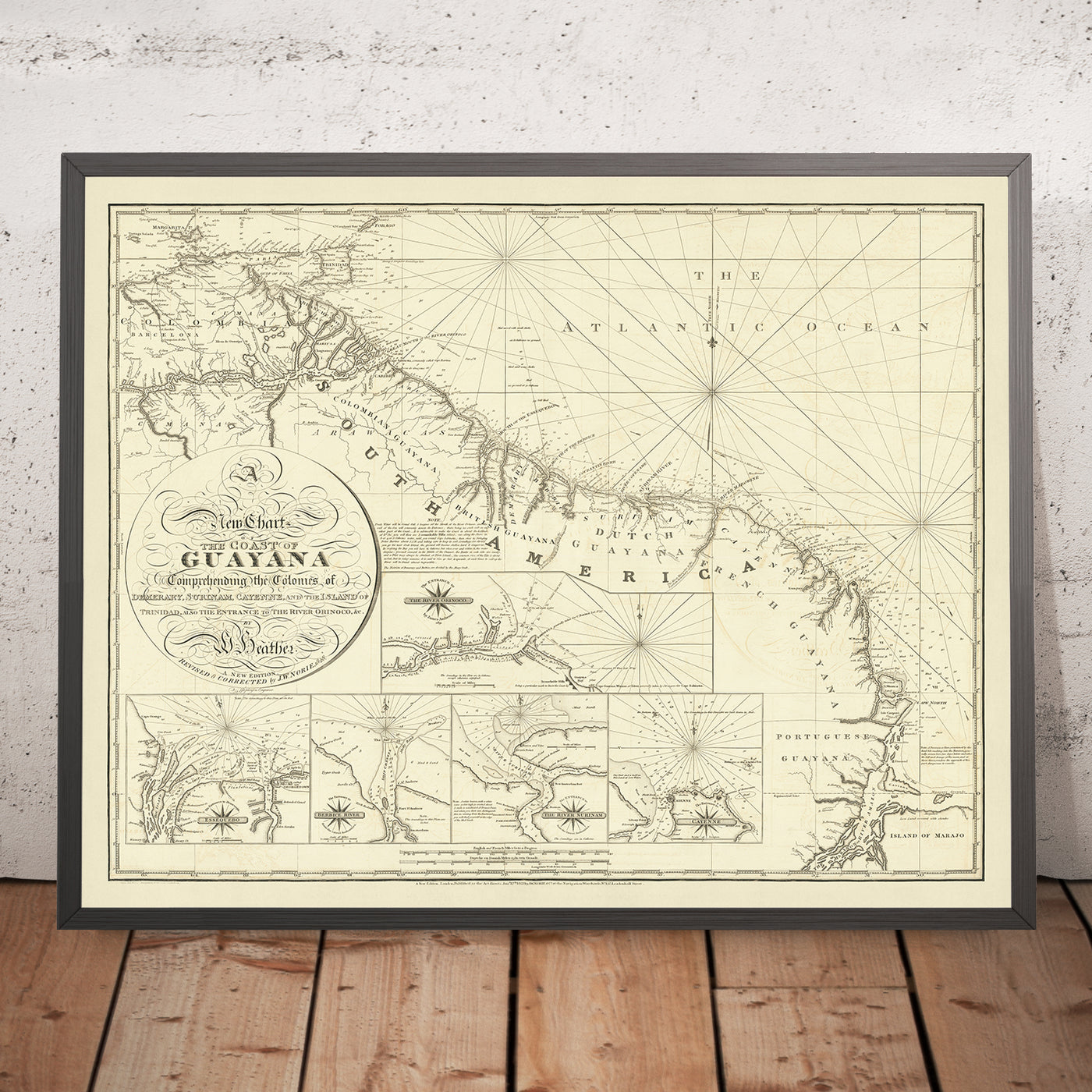 Ancienne carte nautique de la côte de la Guyane par Heather, 1828 : Demerary, Surinam, Cayenne