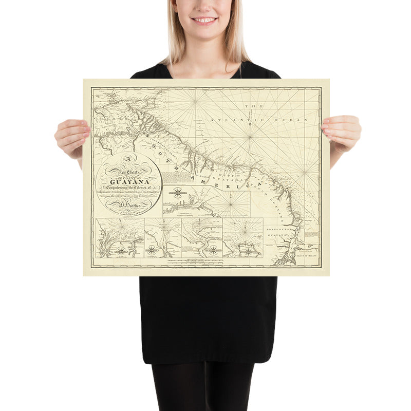 Old Coast of Guyana Nautical Chart by Heather, 1828: Demerary, Surinam, Cayenne