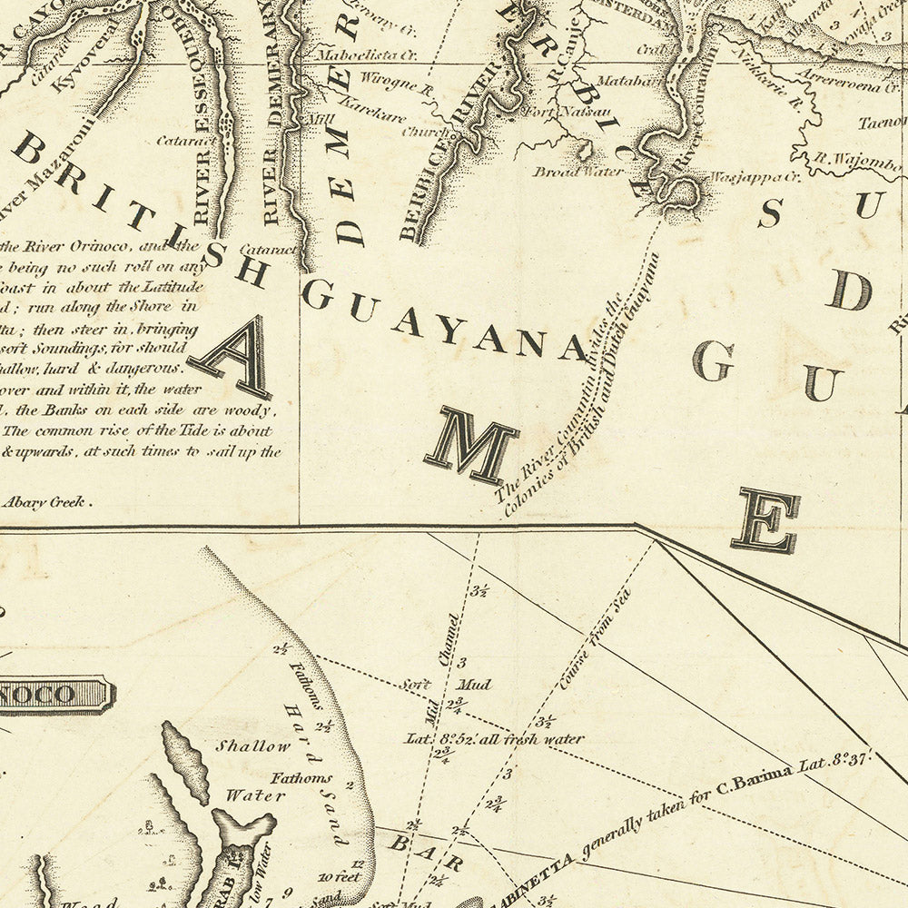 Carta náutica antigua de la costa de Guyana, de Heather, 1828: Demerary, Surinam, Cayena