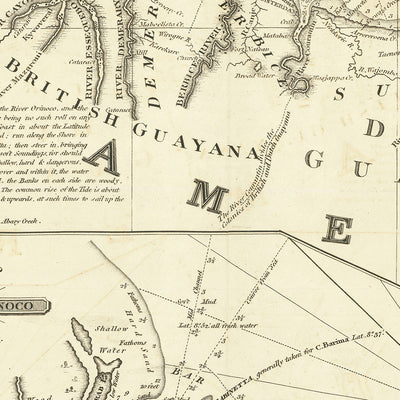 Ancienne carte nautique de la côte de la Guyane par Heather, 1828 : Demerary, Surinam, Cayenne