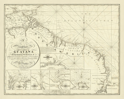 Old Coast of Guyana Nautical Chart by Heather, 1828: Demerary, Surinam, Cayenne