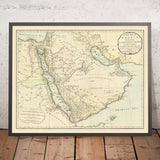 Antigua mapa de Oriente Medio por Laurie & Whittle, 1794: Rutas de caravanas a Damasco, Baréin, Yemen, Omán, Emirato de Ras Al Khaimah 