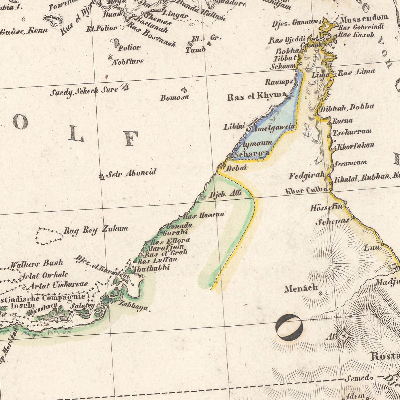 Antigua Mapa Raro de la Península Arábiga por Perthes, 1835: Primer Mapa de Dubái, Kuwait, Abu Dabi; La Meca, Mar Rojo 