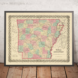 Mapa antiguo de Arkansas por JH Colton, 1855: Little Rock, Fort Smith, Fayetteville, Pine Bluff, Van Buren